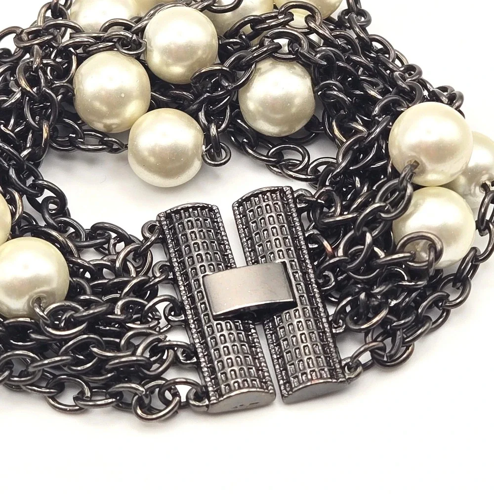 Multi Strand Dark Metal Chain Glass Faux Pearl Bracelet Fold Over Clasp‎ Closure